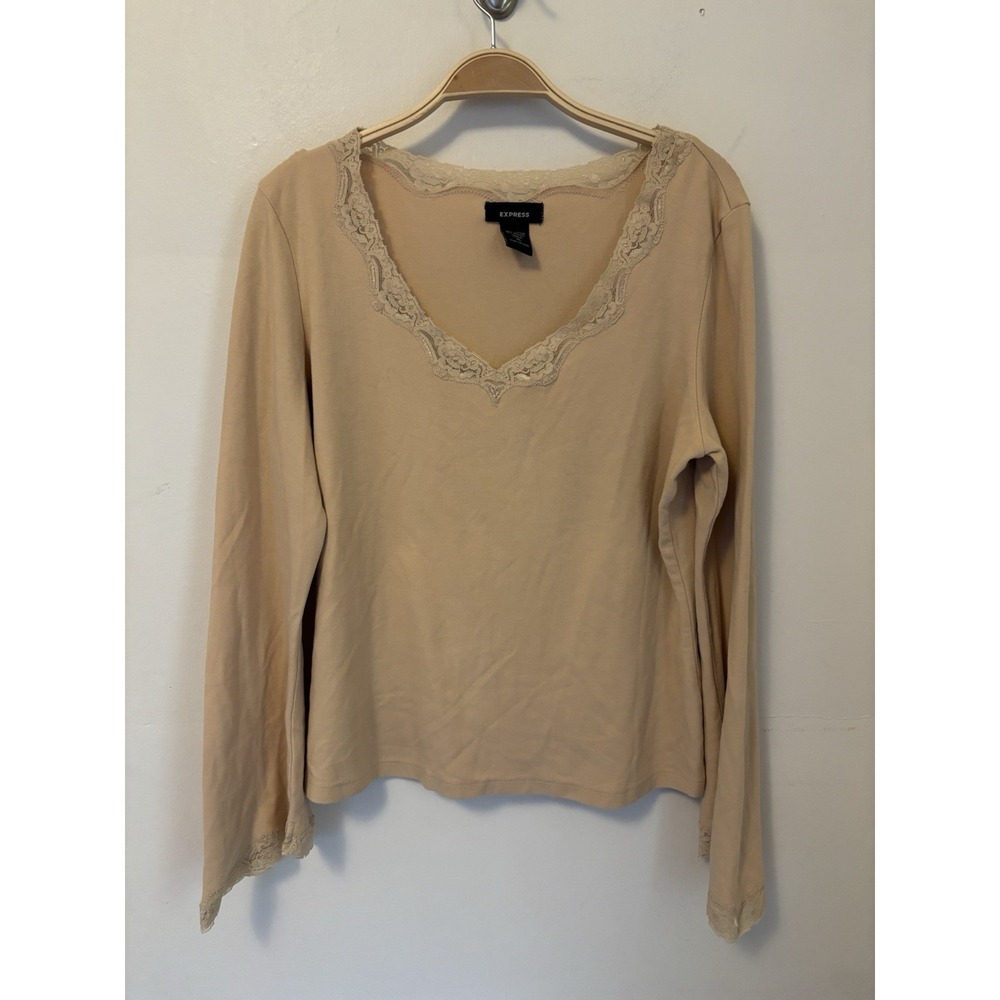 Y2K Express Shirt Cream Shirt Long Sleeve Lace Flared Sleeve XL Fairy V-Neck
